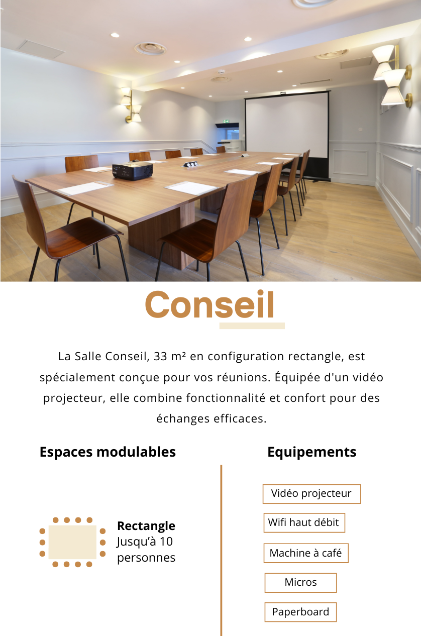 Fiche de présentation de la salle Conseil de l'hôtel du Cheval Blanc à Jossigny, salle intime de 33m2, parfaite pour réunions en petit comité