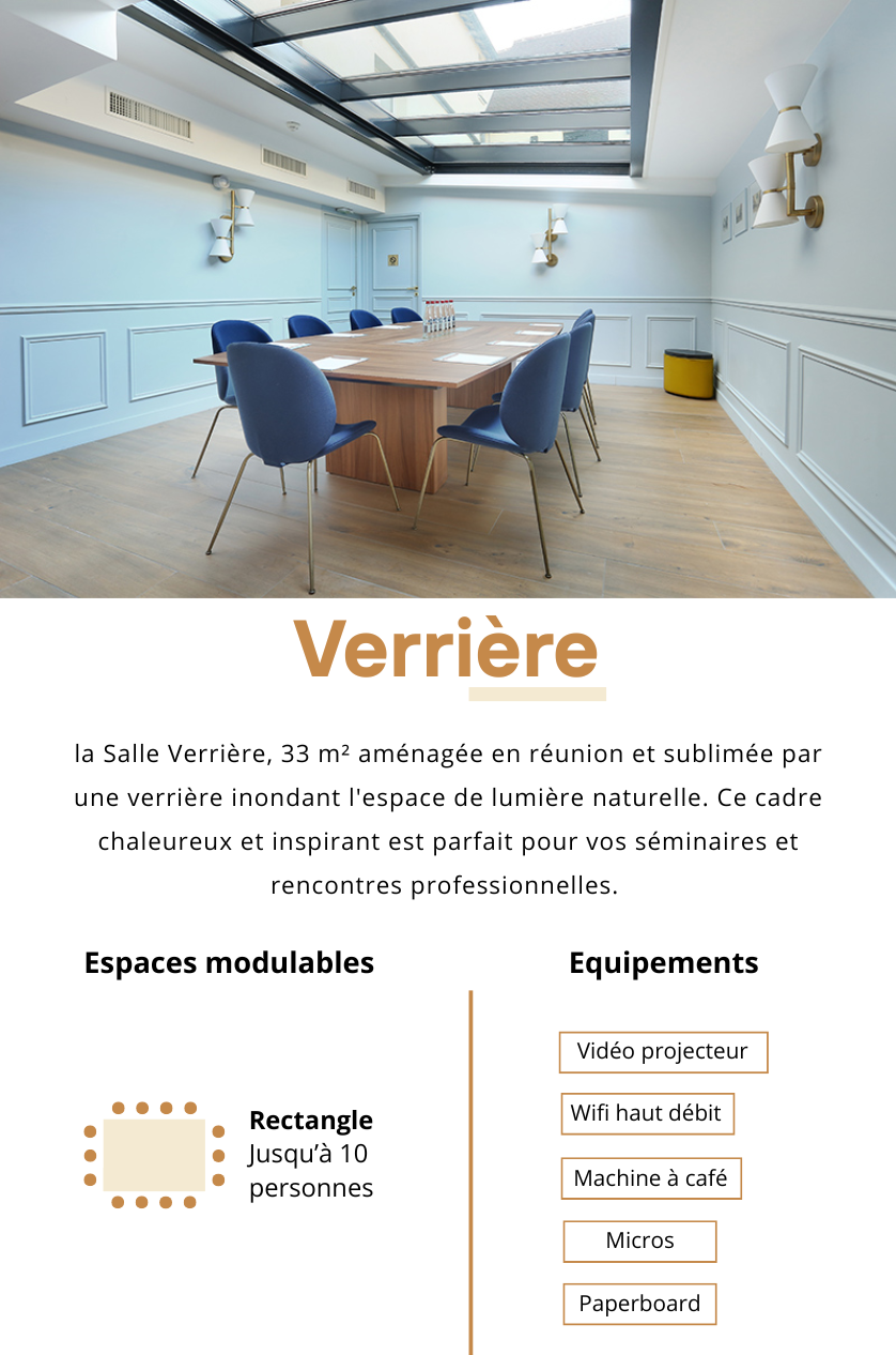 Fiche de présentation version Mobile de la salle Verrière de l'hôtel Le Cheval Blanc à Jossigny, lumineuse, 33 m² d'espace avec verrière, idéale pour réunions créatives et événements privés.