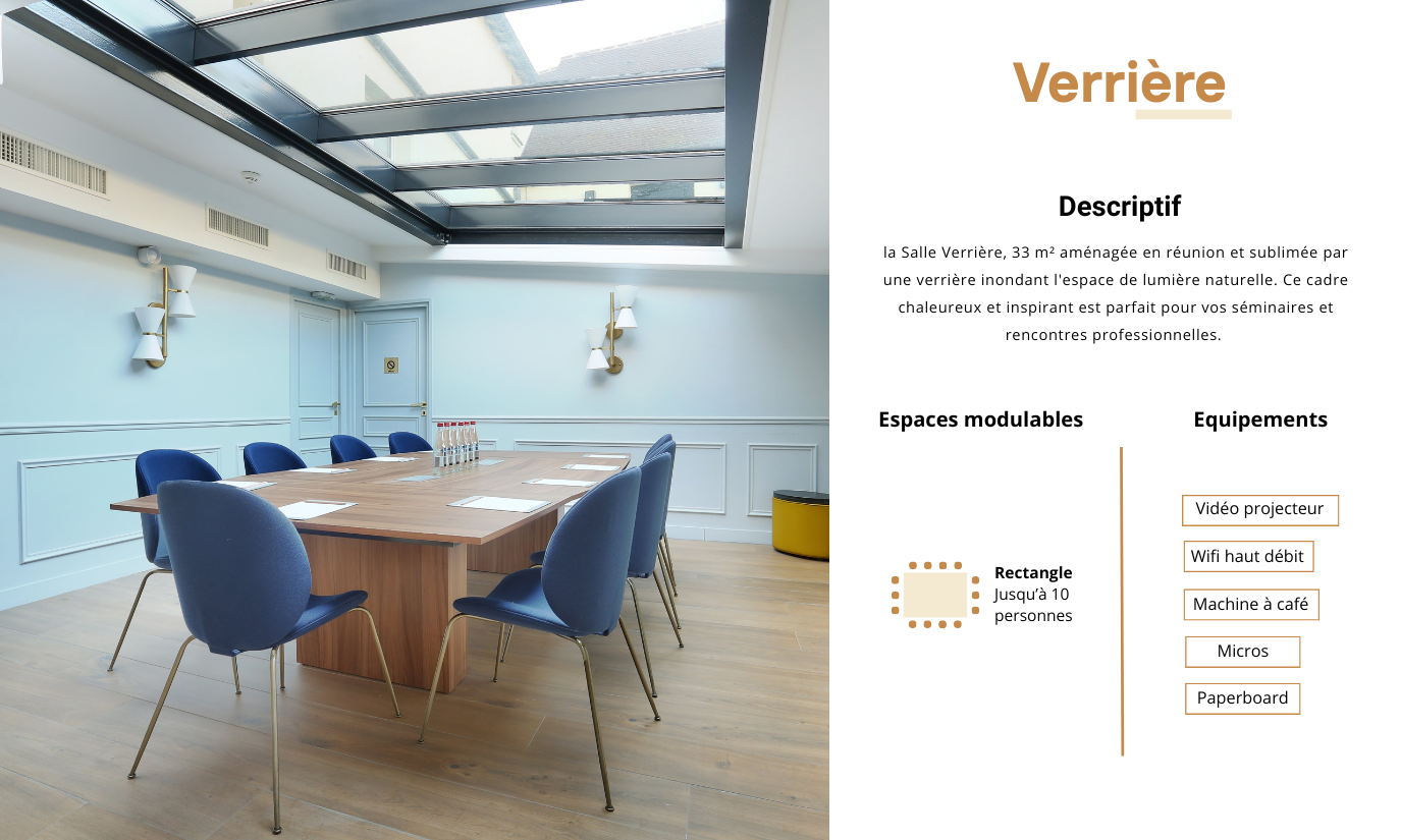 Fiche de présentation de la salle Verrière de l'hôtel Le Cheval Blanc à Jossigny, lumineuse, 33 m² d'espace avec verrière, idéale pour réunions créatives et événements privés.